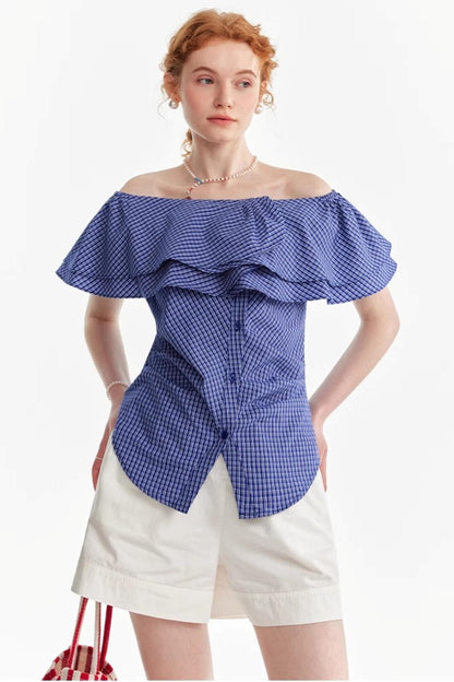 Blue Asymmetrical Ruffle Top