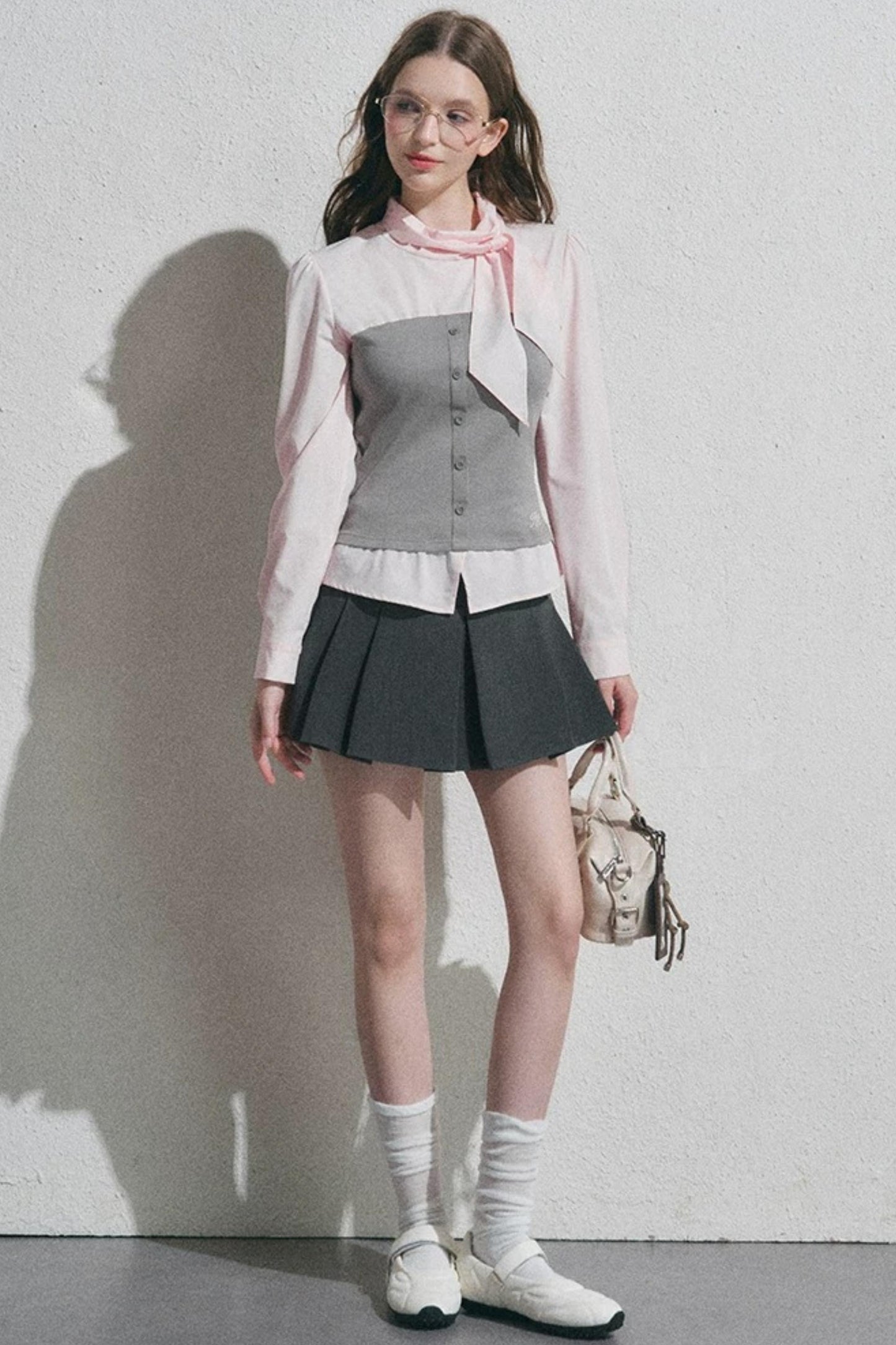 Bow Tie Spliced Shirt and Pleated Mini Skirt Set-Up
