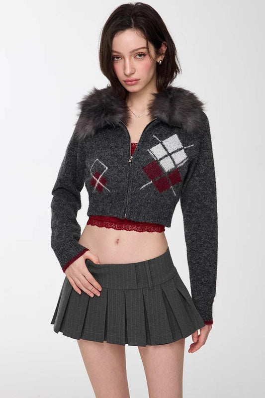 Detachable Fur Collar Quilted Cardigan Top