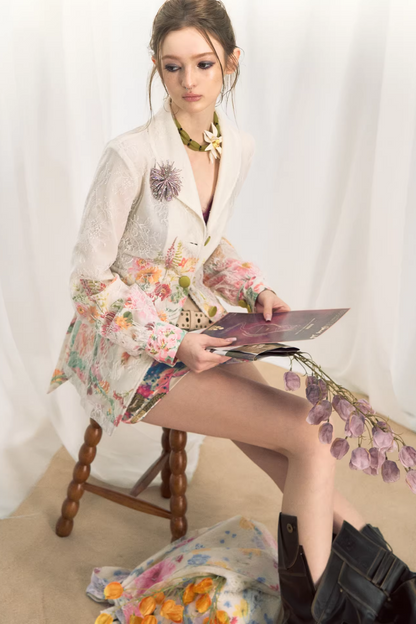 Color-Blocked Lace Blazer