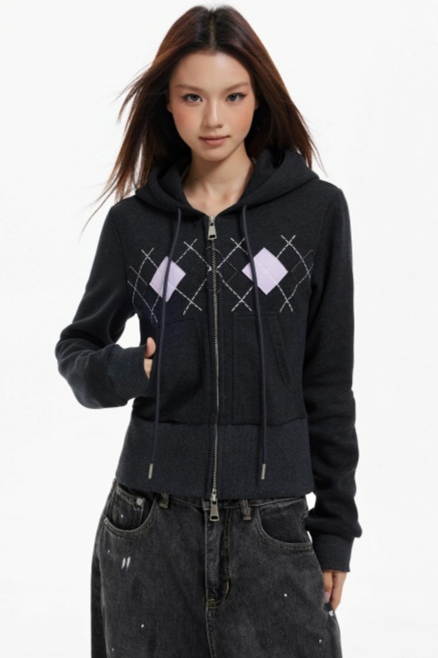 Diamond Plaid Hooded Waist Jacket