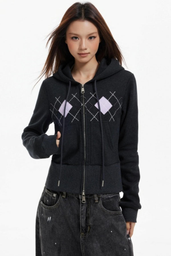 Diamond Plaid Hooded Waist Jacket