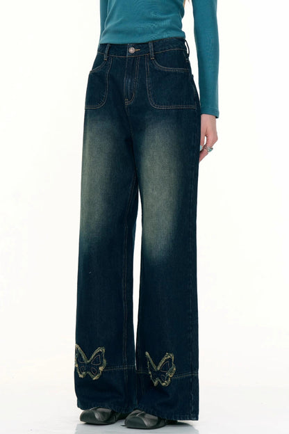 American Retro Butterfly Blue High-Waisted Wide-Leg Jeans