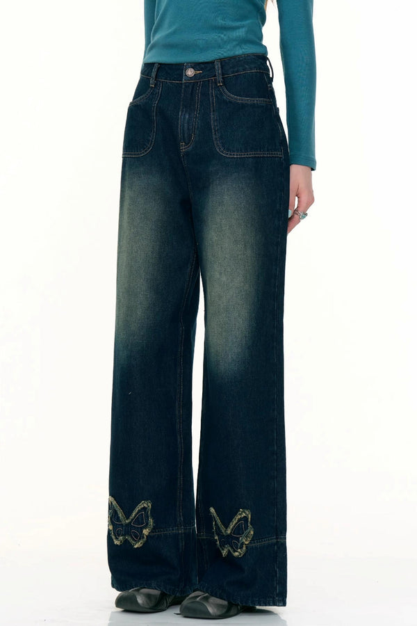 American Retro Butterfly Blue High-Waisted Wide-Leg Jeans