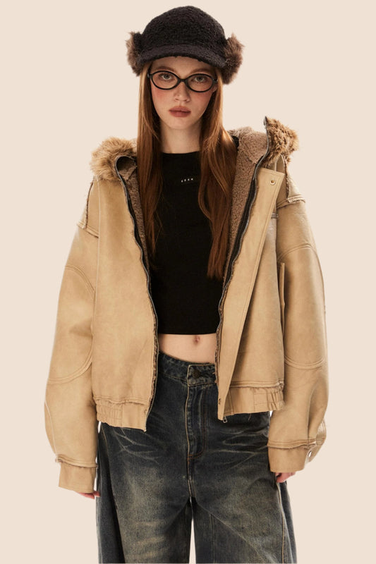 Vintage Fur Collar Hooded Leather Jacket