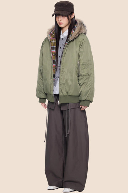 Fur Collar Plaid Parka Jacket