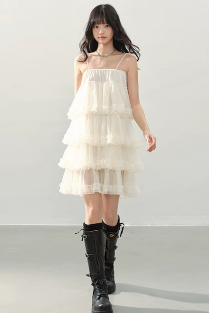 Cream Ruffled Spaghetti Strap Dress