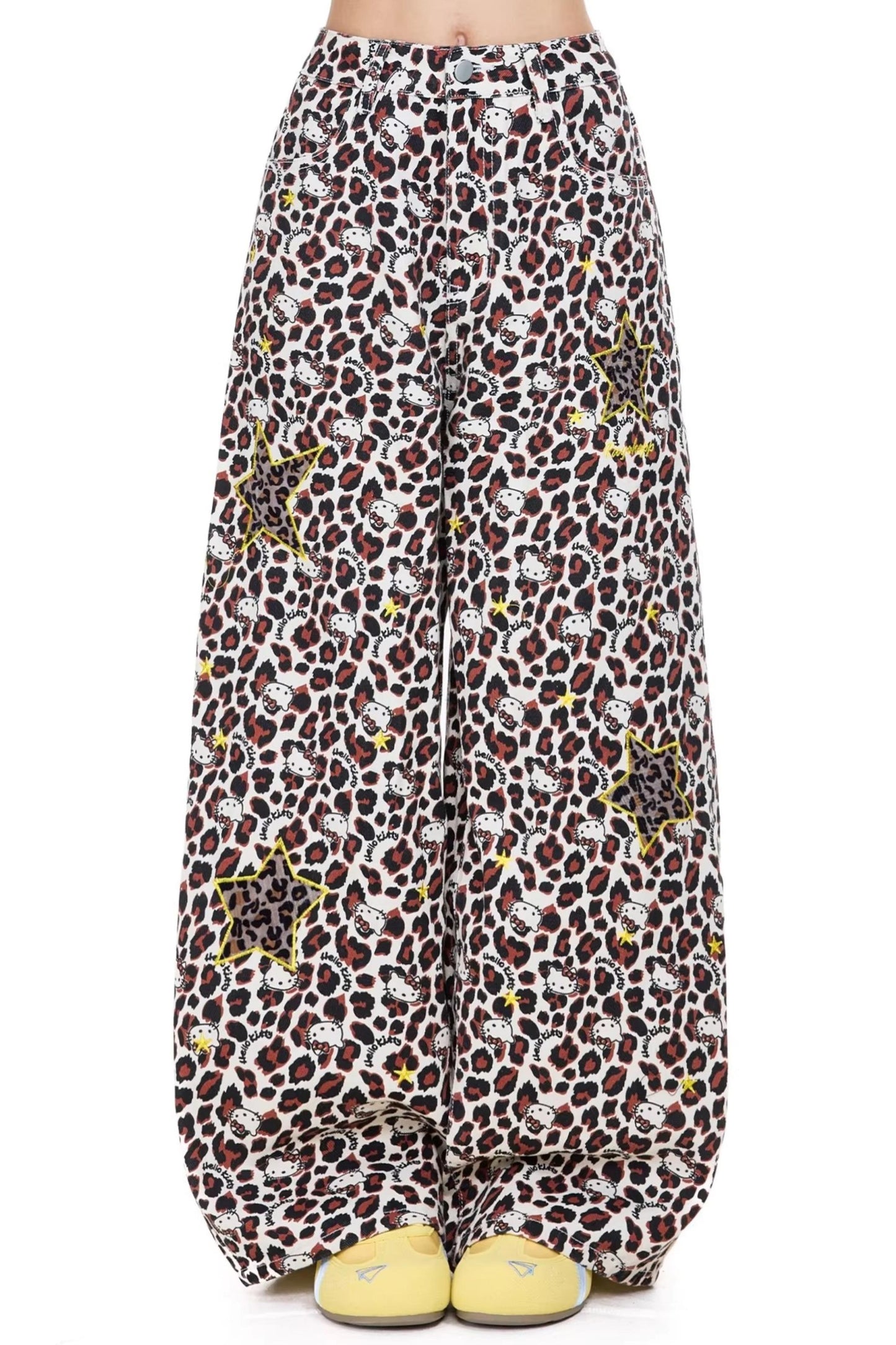 레트로 레오파드 와이드 레그 청바지