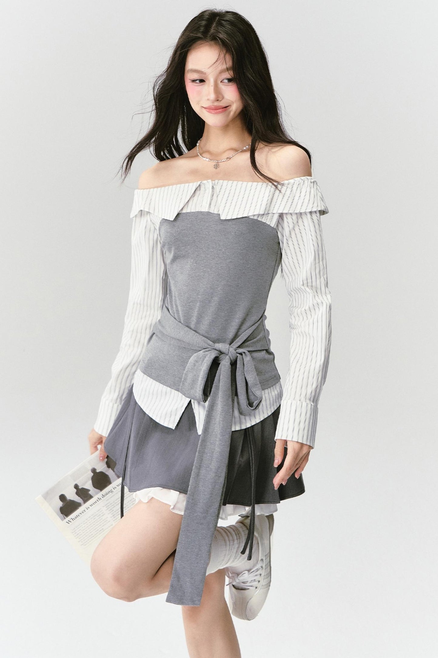 High-Intelligence Patchwork One-Shoulder Top Set-Up