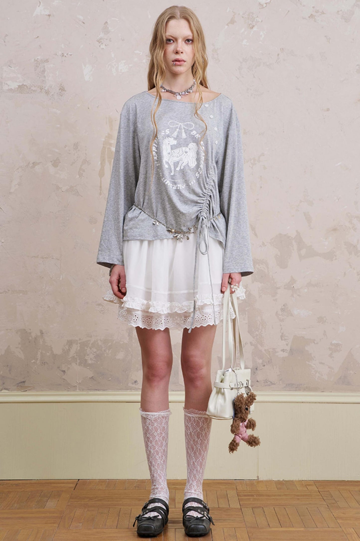 Slanted Monochrome Flower Ruffle T-Shirt