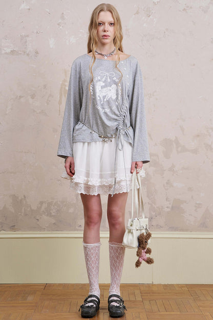 Slanted Monochrome Flower Ruffle T-Shirt