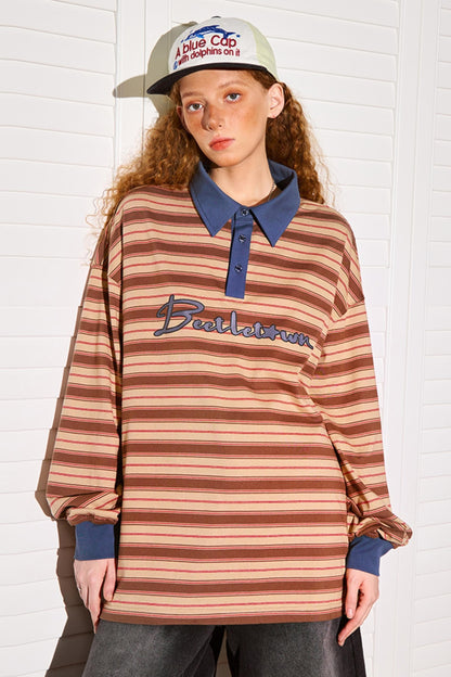 Loose Fit Striped Polo Neck Top
