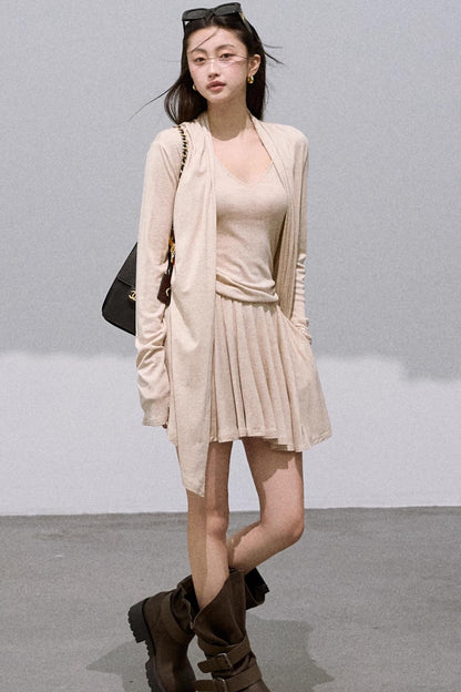 Tencel Knit Cardigan V-Neck Dress Set-Up