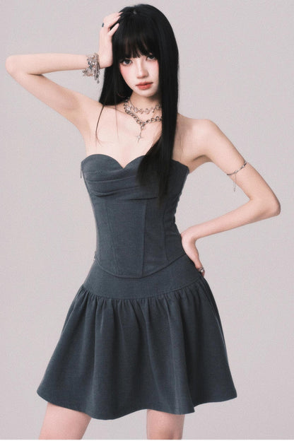 Gray Fishbone Waist Top Bustier Skirt Set-Up