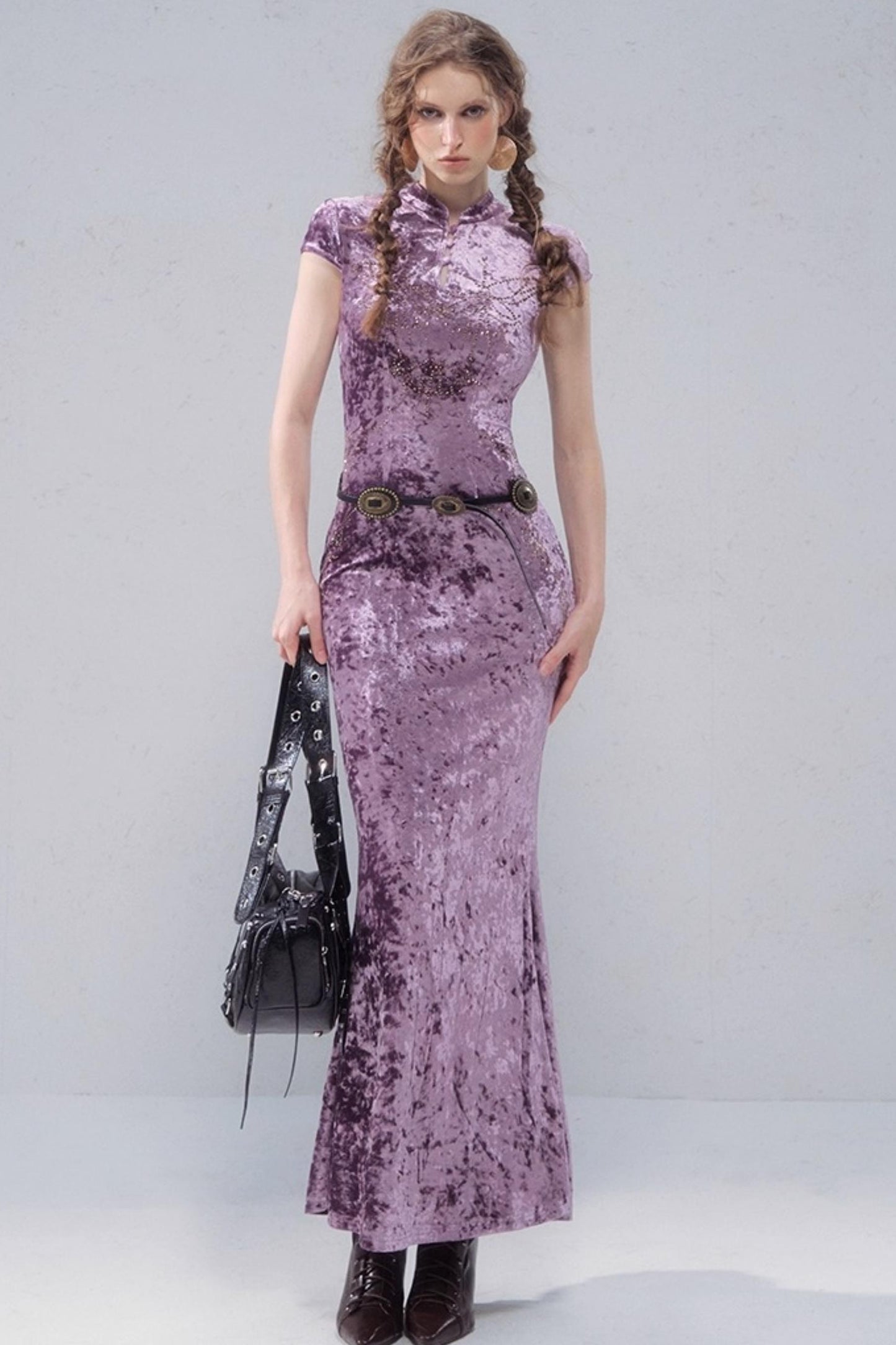 Porcelain Velvet Cheongsam Dress