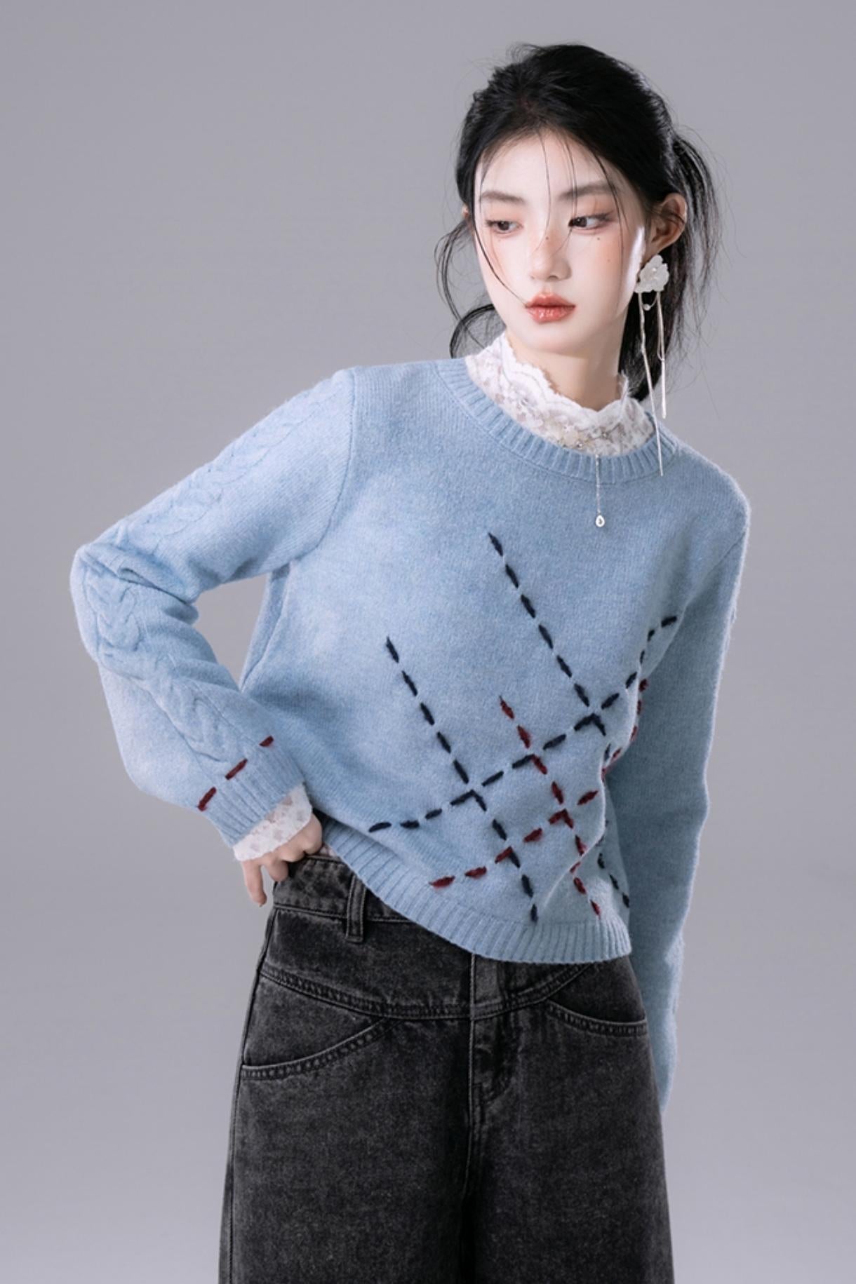 Sky Blue Contrasting Hand-Stitched Jumper