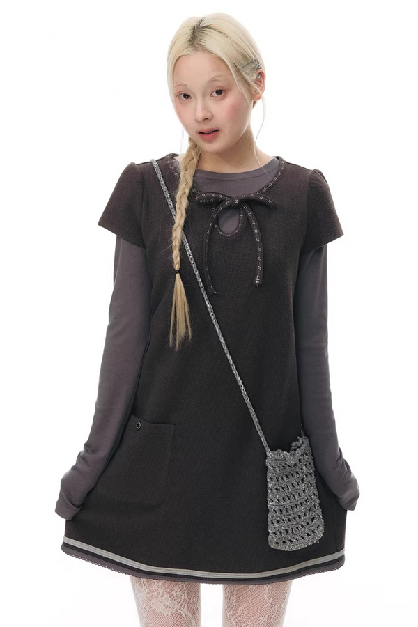 Embroidered Tie Neck Dress