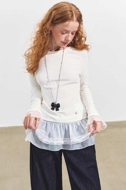 Double-Lace Raglan Sleeve Fleece Top