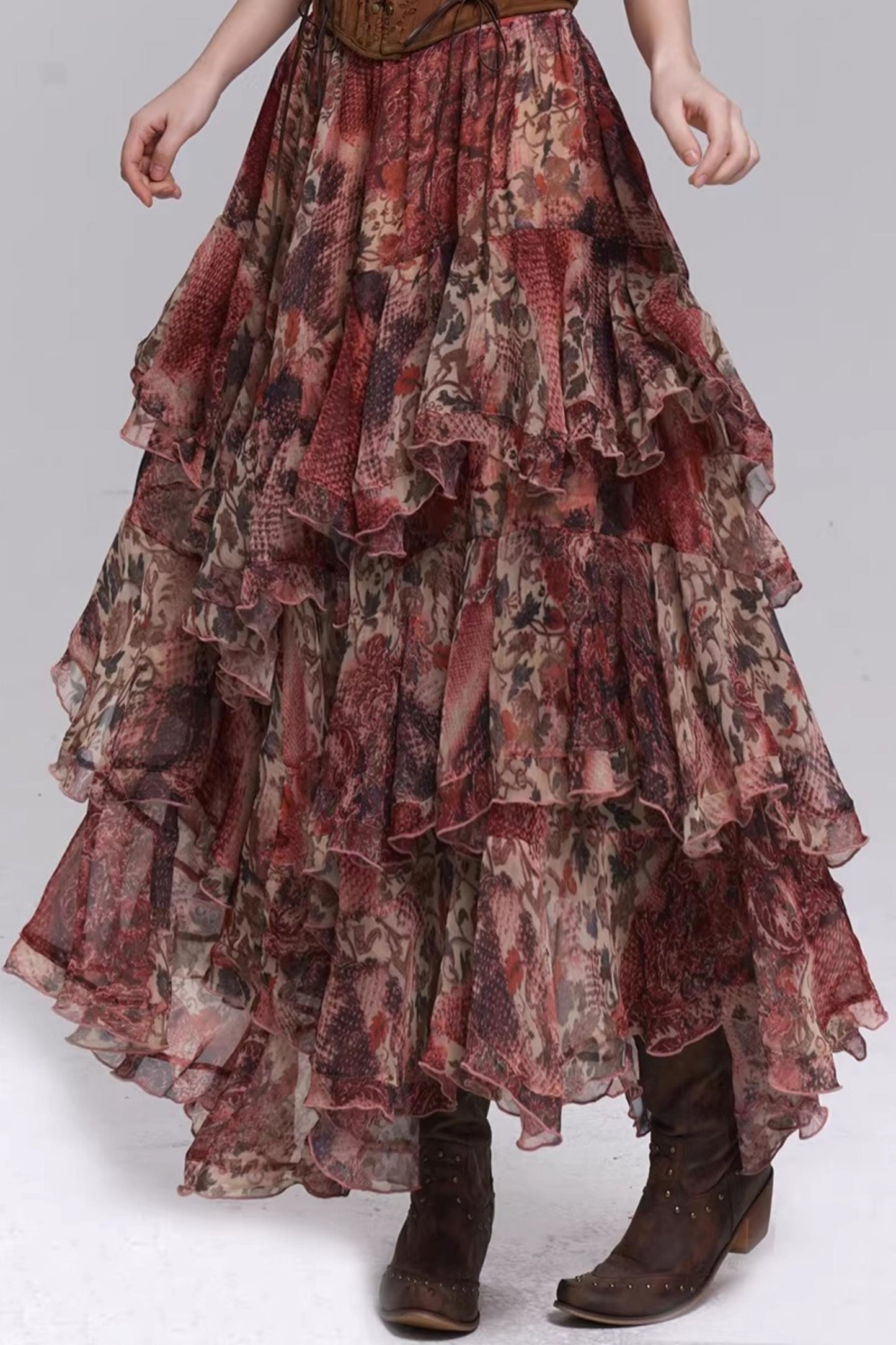 Red Floral Tiered Skirt