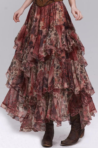Red Floral Tiered Skirt