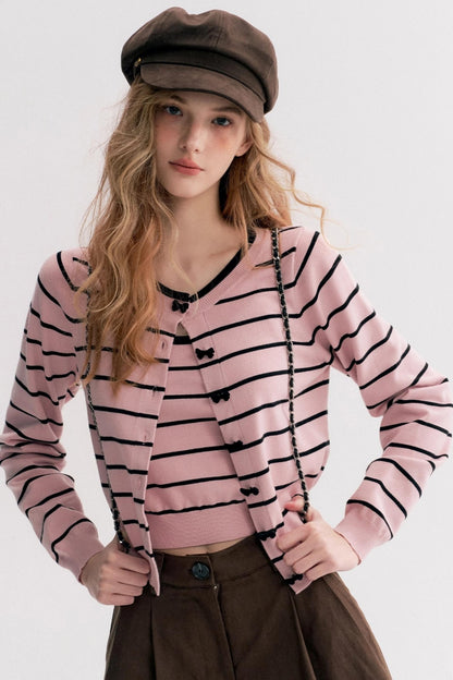 Striped Knit Suspender Cardigan & Top Set
