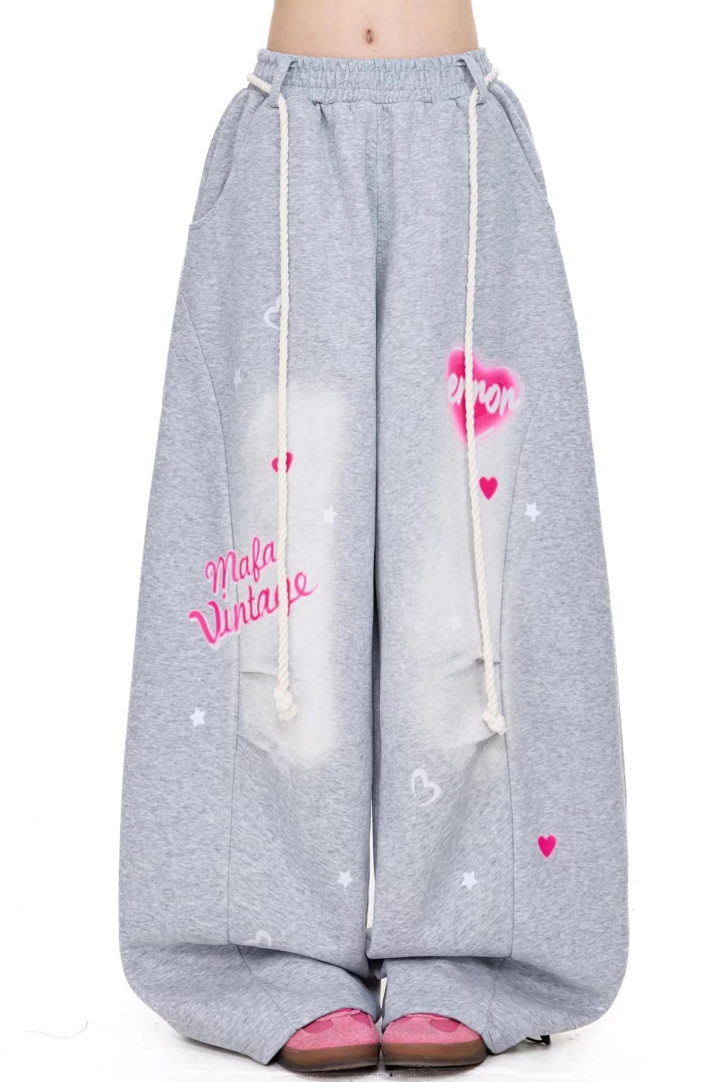 컬러 블로킹 하트 프린트 바지