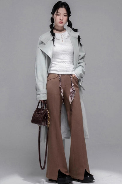 Silk Scarf Belt Split Bootcut Pants