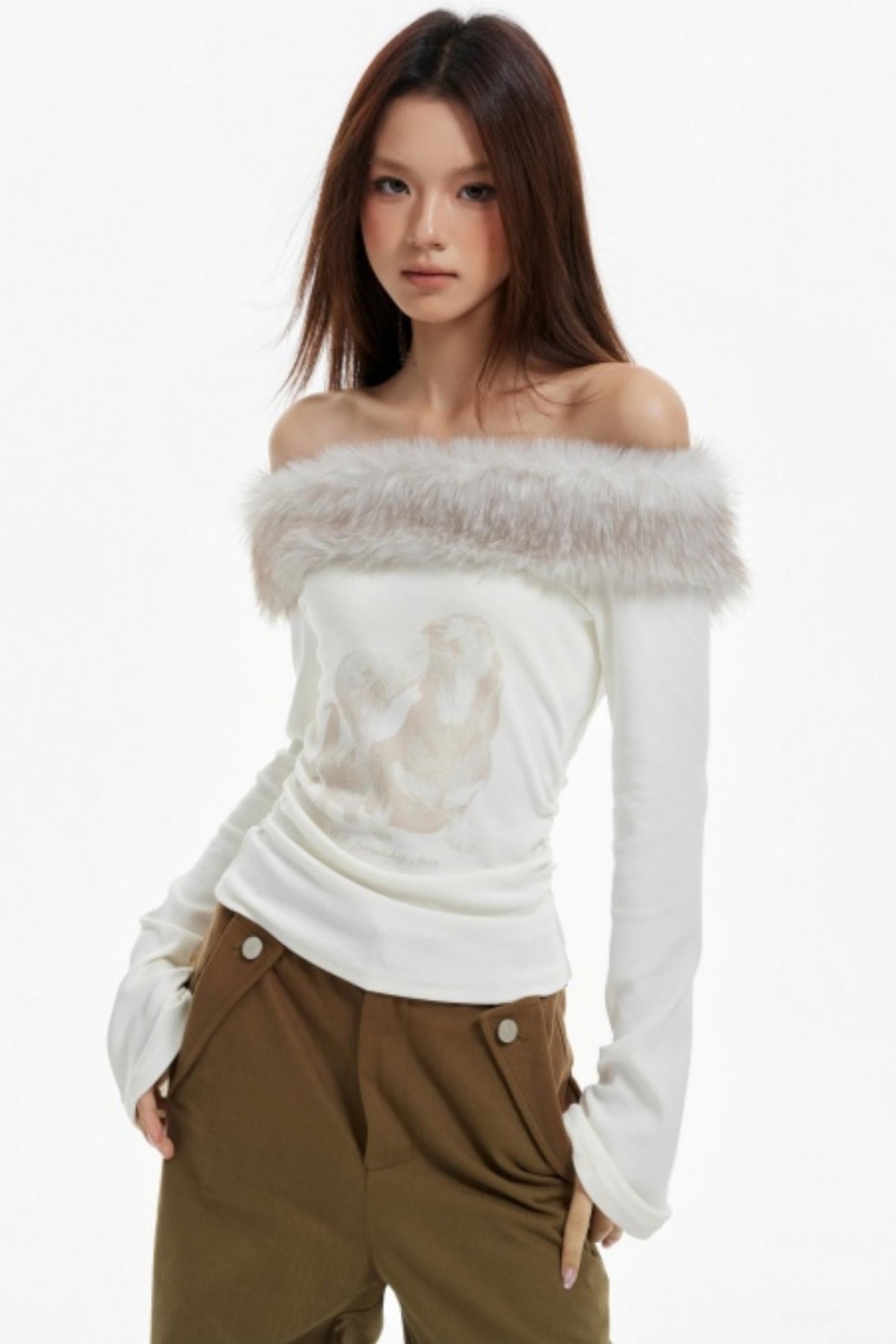 Off-Shoulder Fur Collar Slimming Sleeve Top