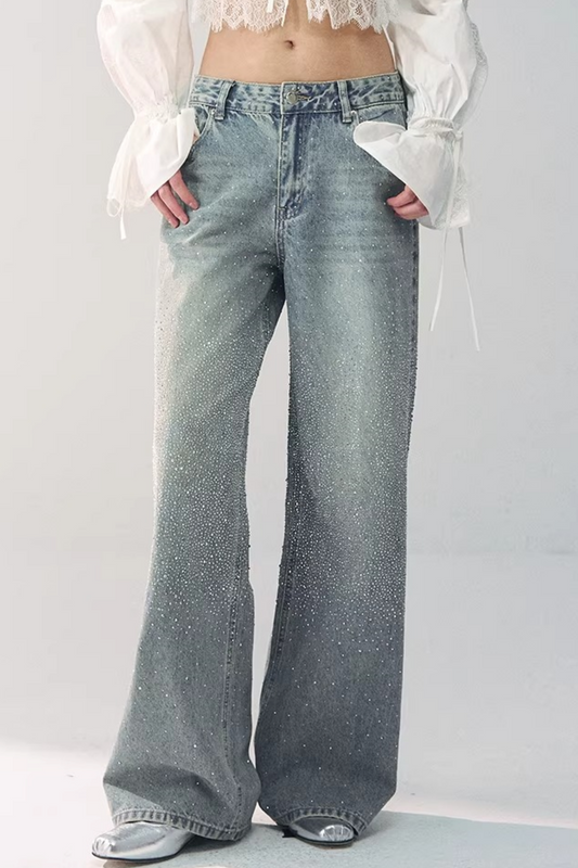 High-Waisted Rhinestone Wide-Leg Jeans