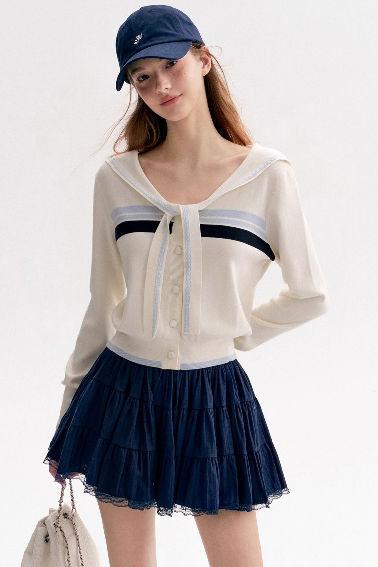 Navy Tie Shawl Contrast Sweater