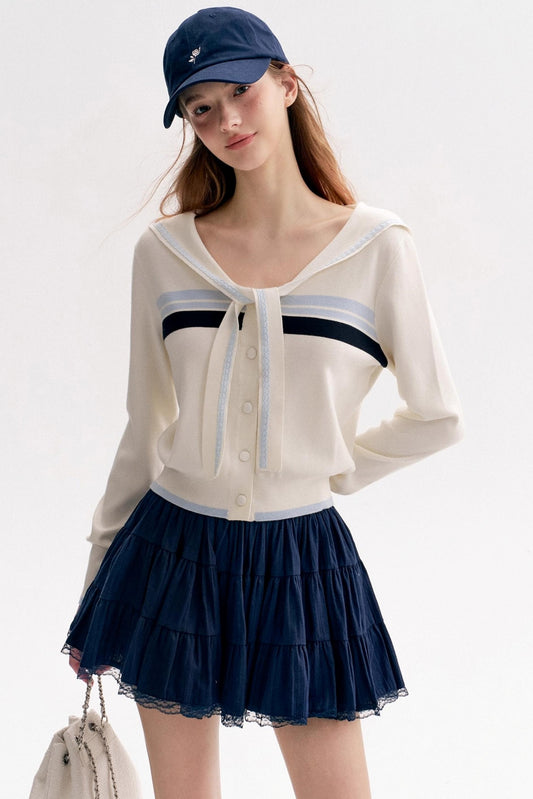 Navy Tie Shawl Contrast Sweater