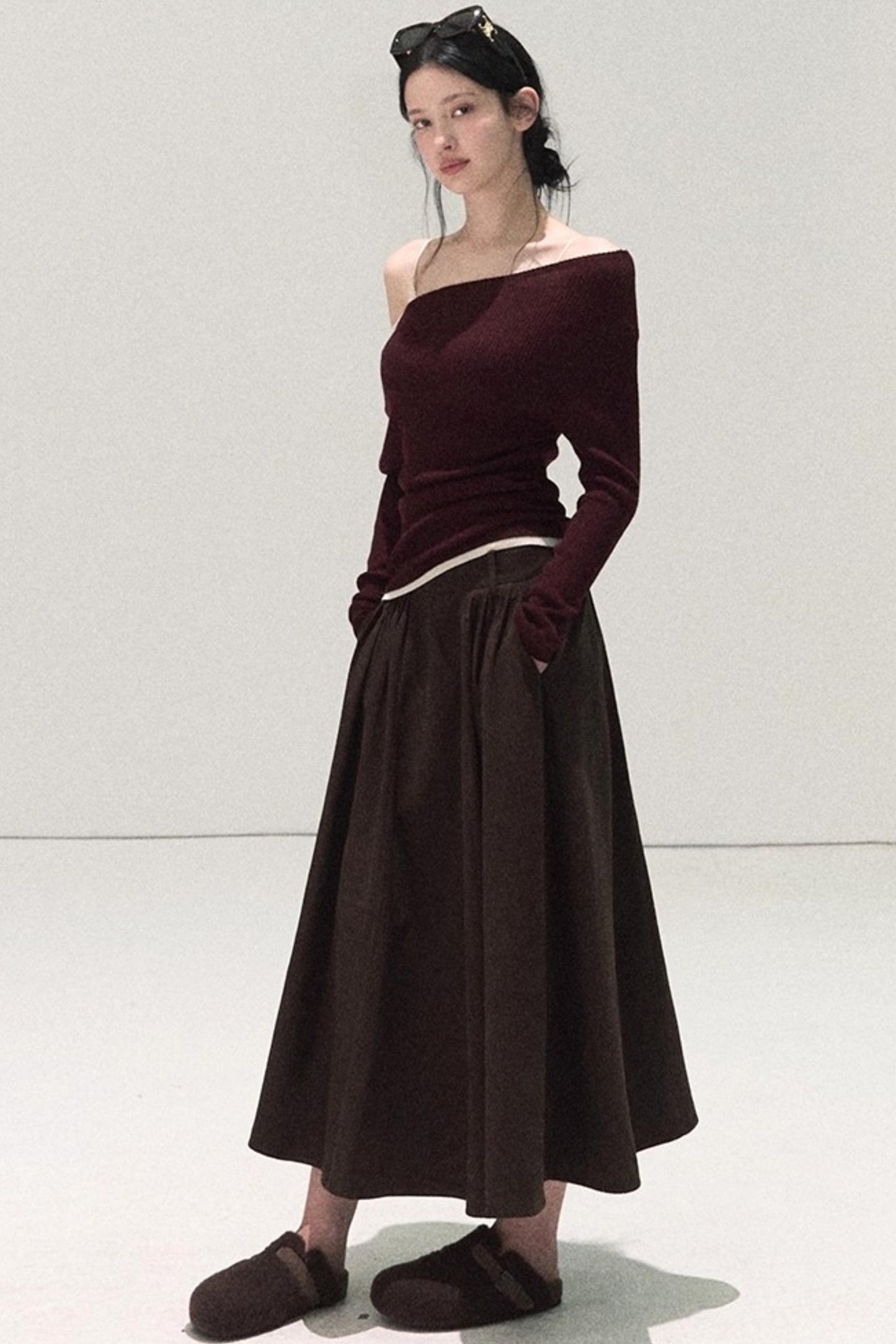 Micro-Velvet Pleated A-Line Skirt