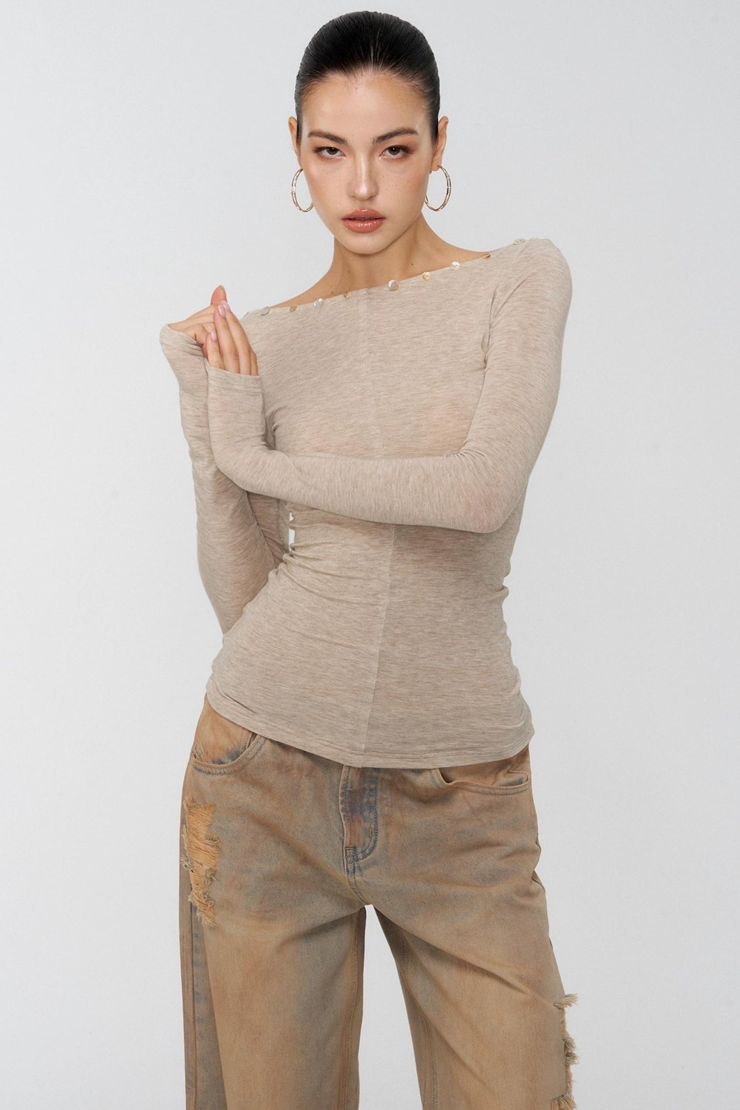 Diamond Khaki V-Neck One-Shoulder Top
