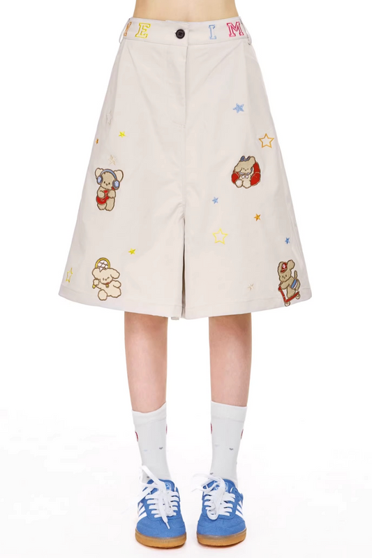 Beige Embroidered Cropped Pants