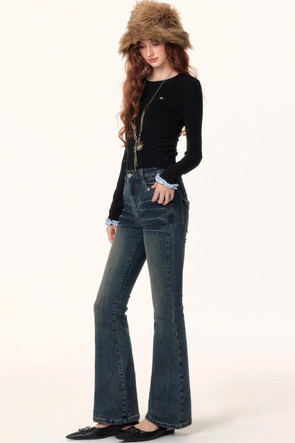 Retro Textured Flared Jeans