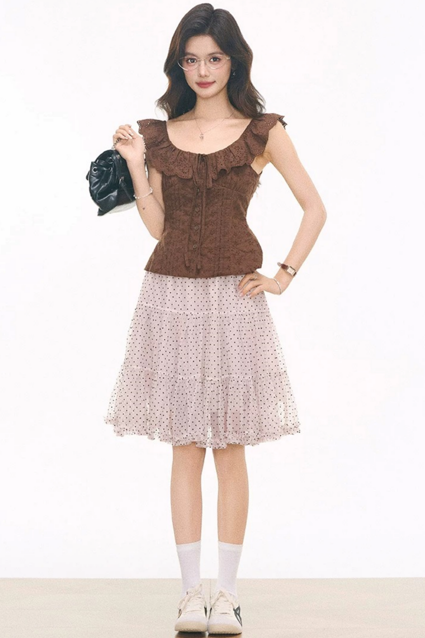 Embroidered Hollow Top & Polka Skirt Set-Up