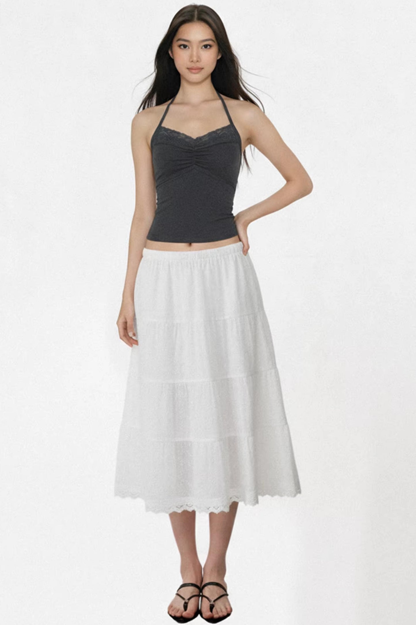 Dark Gray Lace Ruched Top