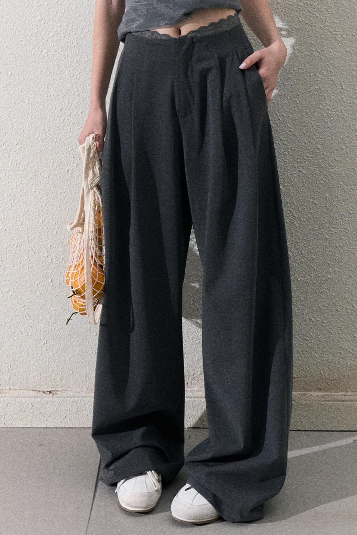 캐주얼 슬림 자켓 & 와이드 레이스 팬츠 세트 