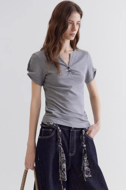 Gray V-Neck Waist-Cinching Top