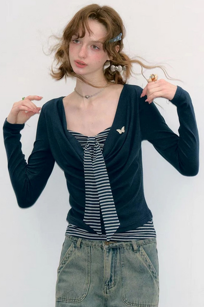 Layered-Look Striped Tie Knit Top