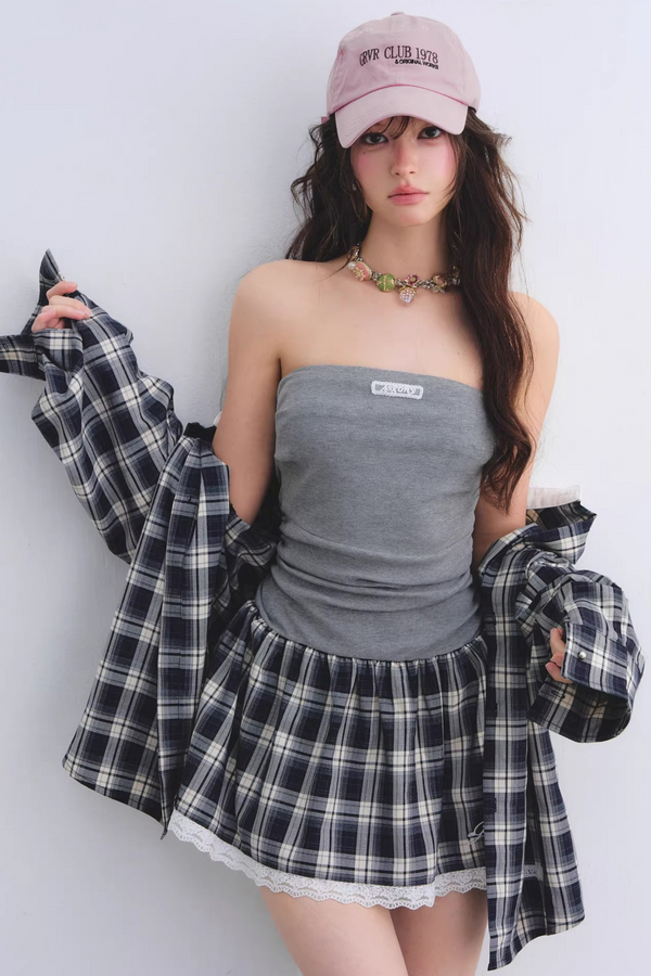Conjunto de vestido con encaje de cuadros fruncido