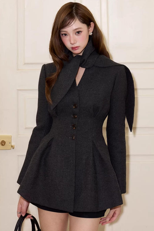 V-Neck Woolen Trench Coat Set