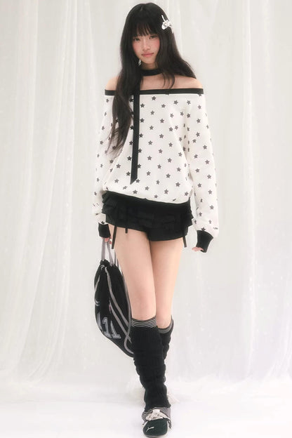 Star Print One-Shoulder Sweatshirt