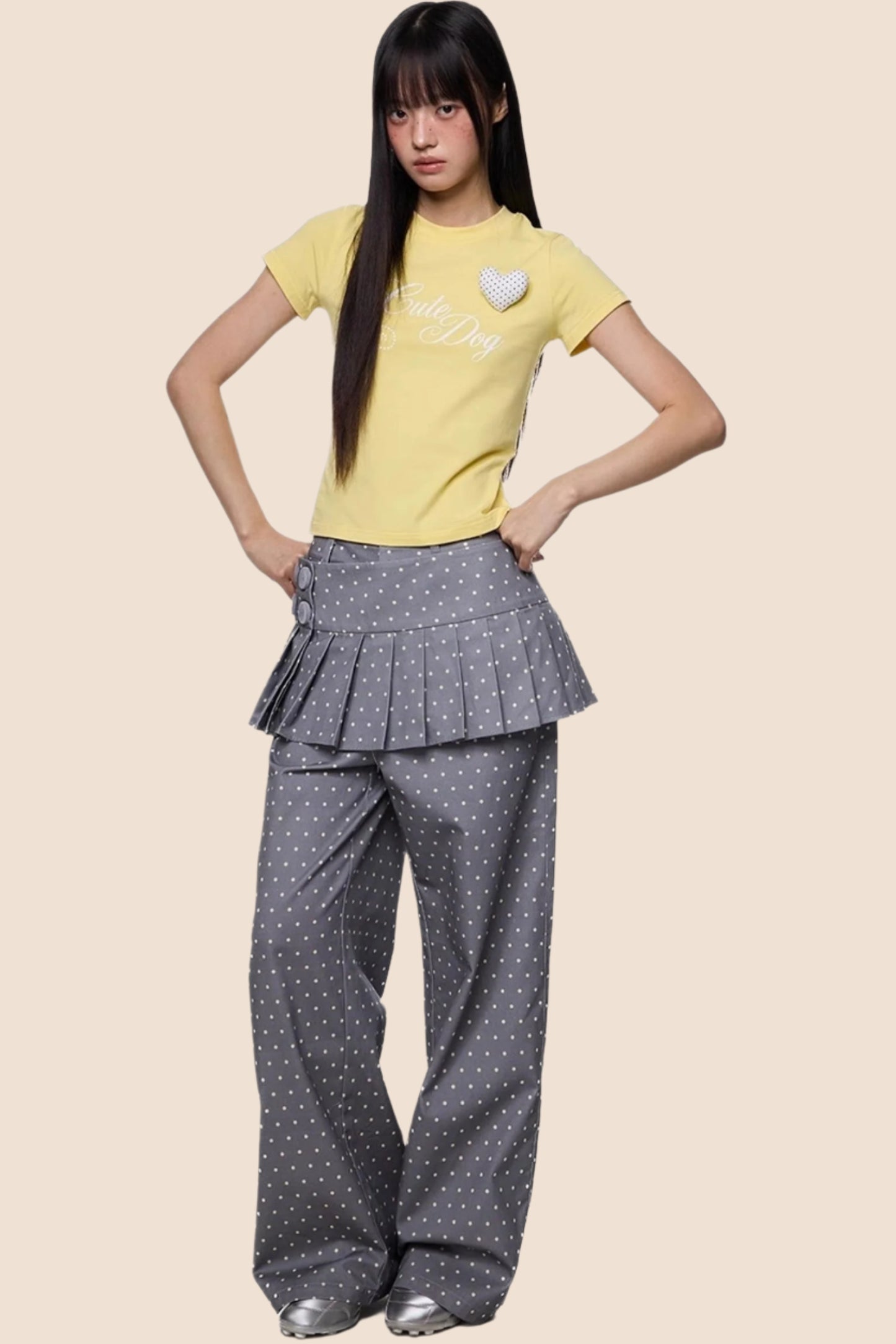 Gray And Yellow Polka Dots Pleated Skirt-Pants Set