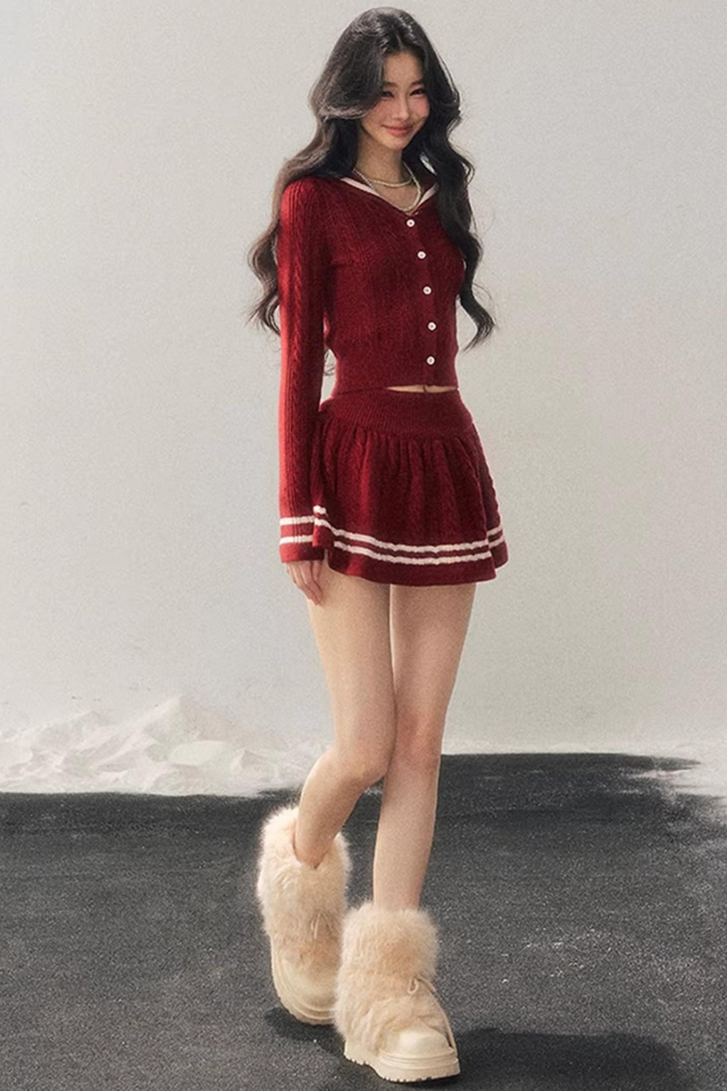 Red Evening Breeze Knitted Sweater Set-Up