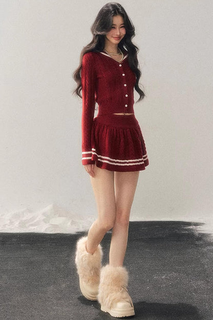 Red Evening Breeze Knitted Sweater Set-Up