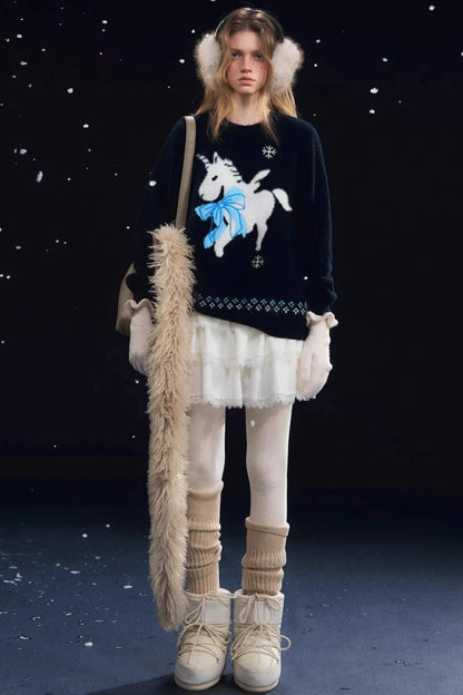 Snowflake Pony Soft Round Neck Sweater