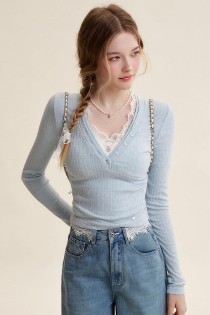 Lace V-Neck Knit Sweater Set-Up