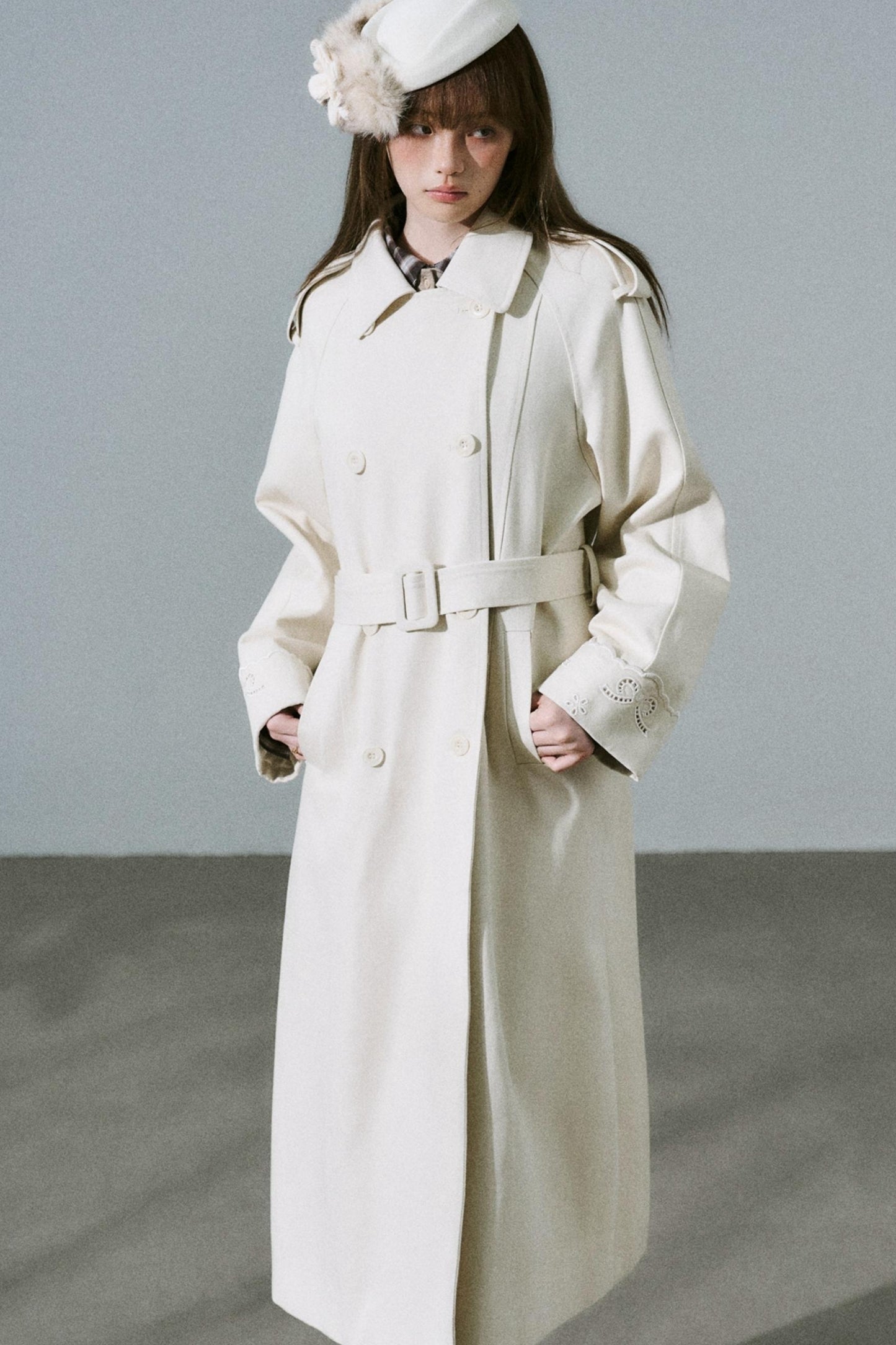 Creamy Hollow Flower Trench Coat