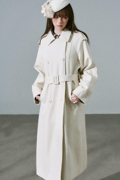 Creamy Hollow Flower Trench Coat